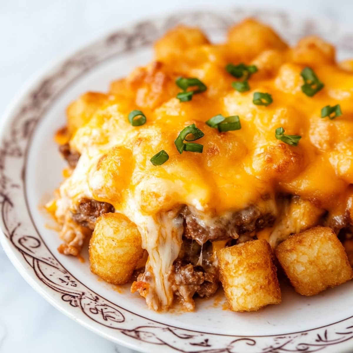 Tater to casserole served on a plate garnished with chopped green onions.