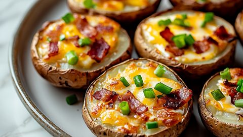 A plate filled with cheesy bacon potato bites, sprinkled with chopped green onions.
