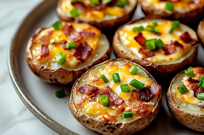 A plate filled with cheesy bacon potato bites, sprinkled with chopped green onions.