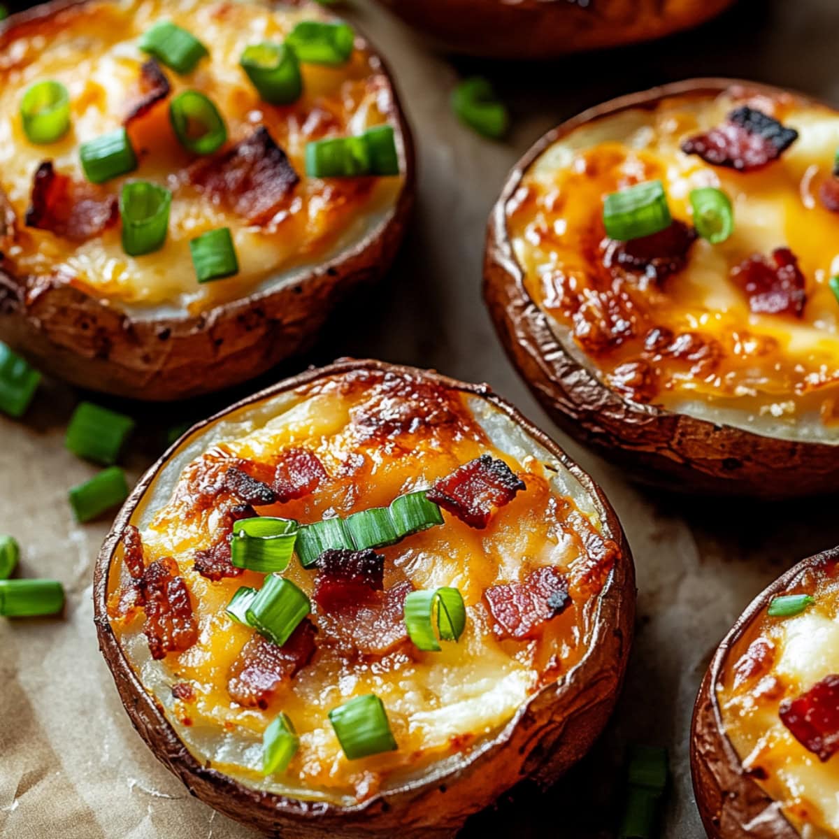 A close-up of cheesy bacon potato bites with a crispy golden crust and topped with green onions.