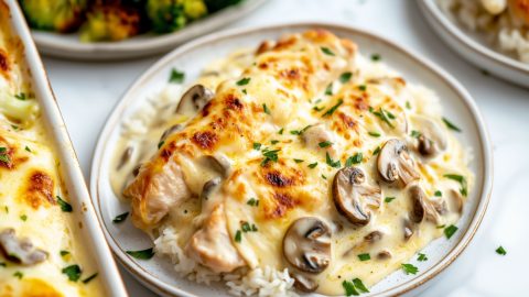 Golden-brown Chicken Gloria in a smothered in a rich, creamy sauce with a bubbly cheese topping and mushrooms.