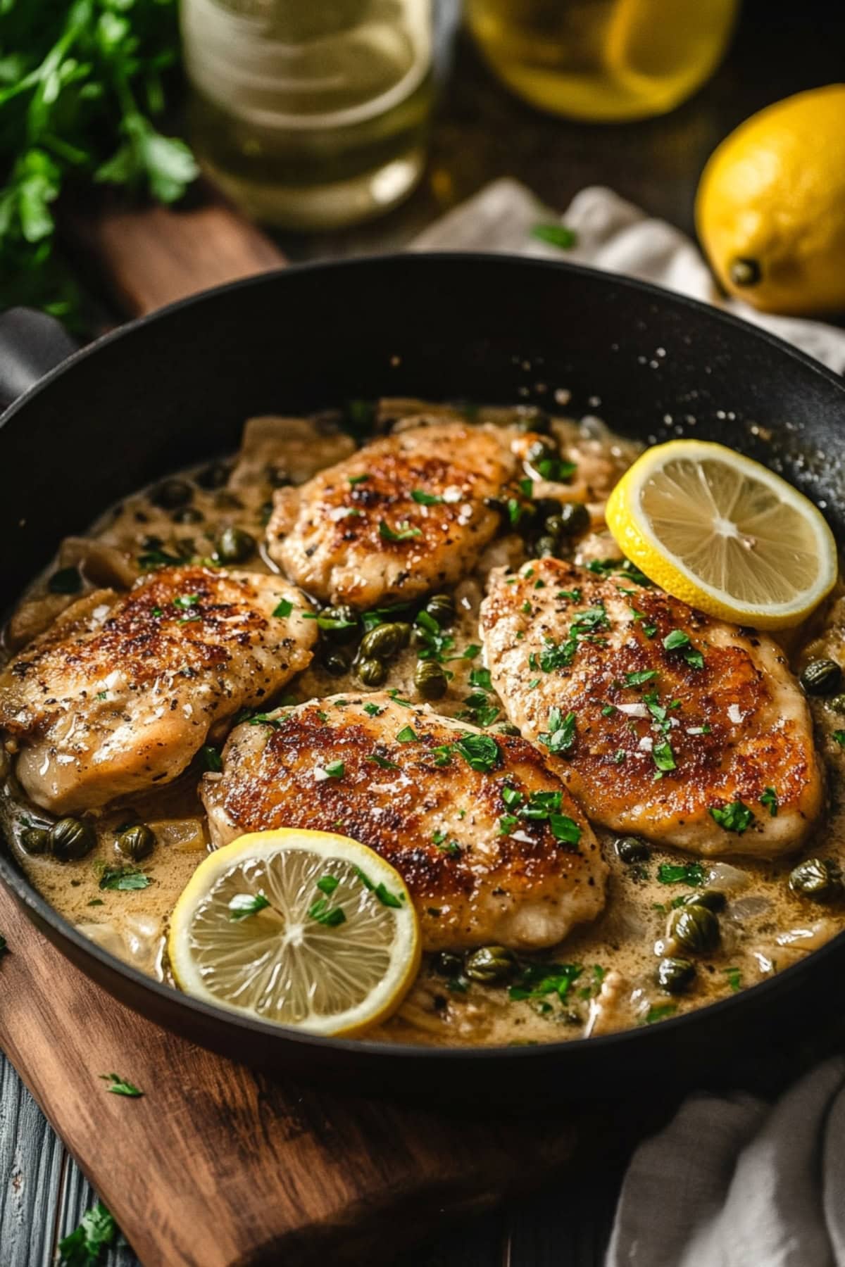 Skillet pan with lemony and butter seared chicken breast.