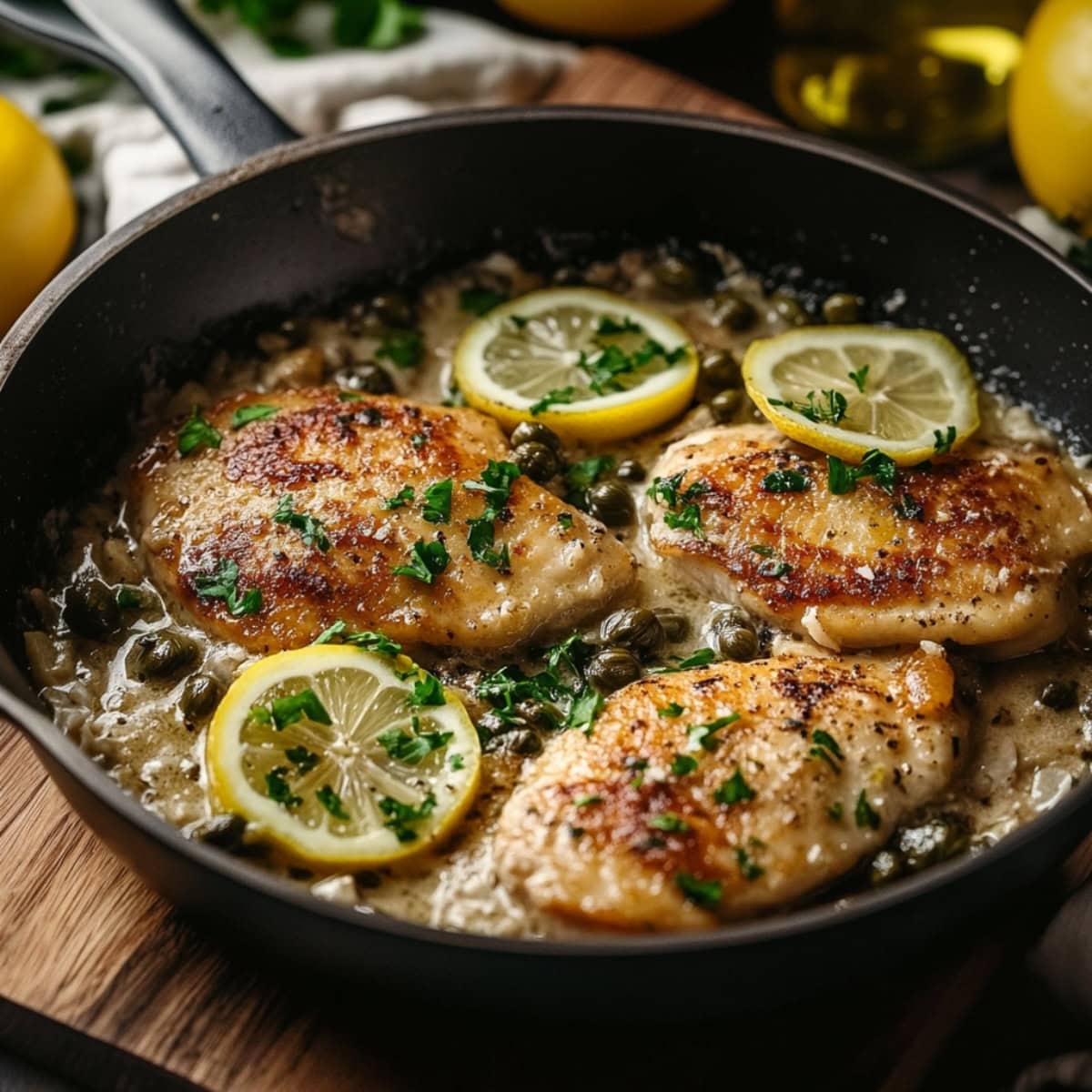 Seared chicken in lemony and buttery sauce cooked on a skillet pan.