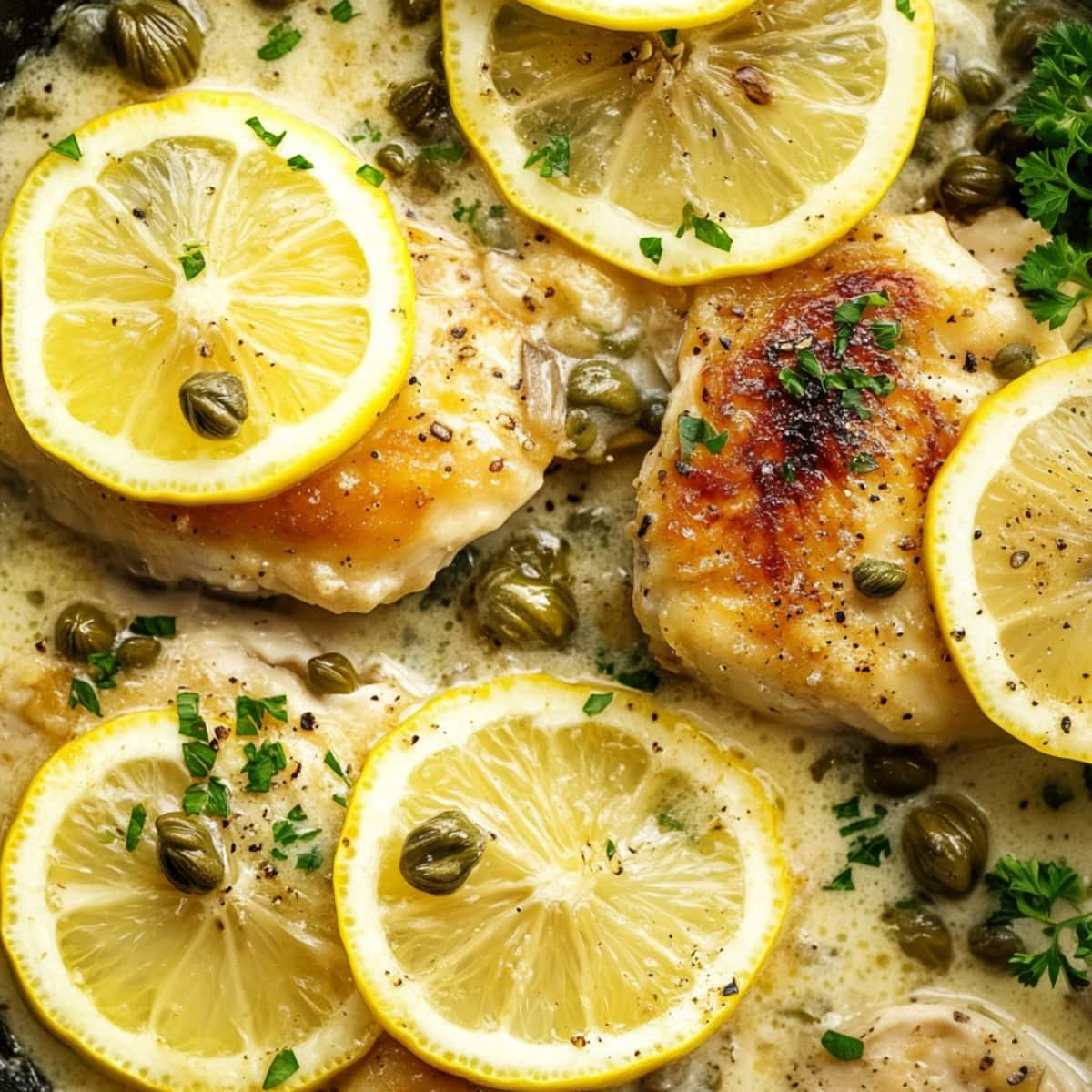 Close up of chicken scallopini in a skillet pan with lemon wheel and capers cooked in buttery sauce. 