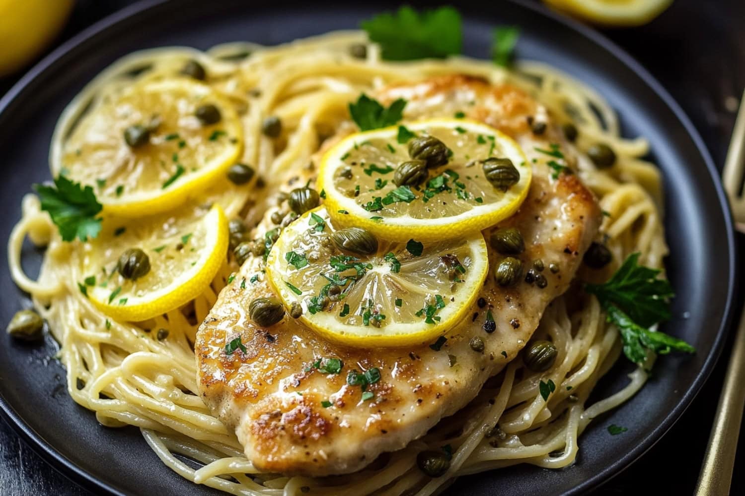 Pasta topped with buttery and lemony seared chicken with capers.