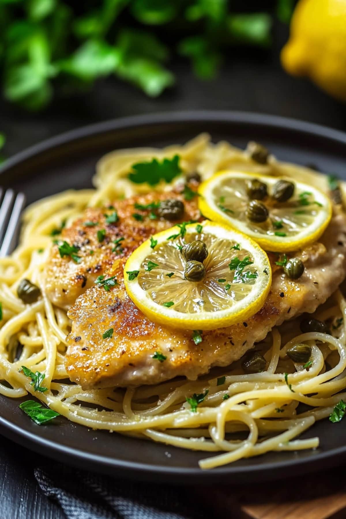 Buttered chicken scallopini served on top of pasta in a black plate garnished with lemon wheel and capers on top.