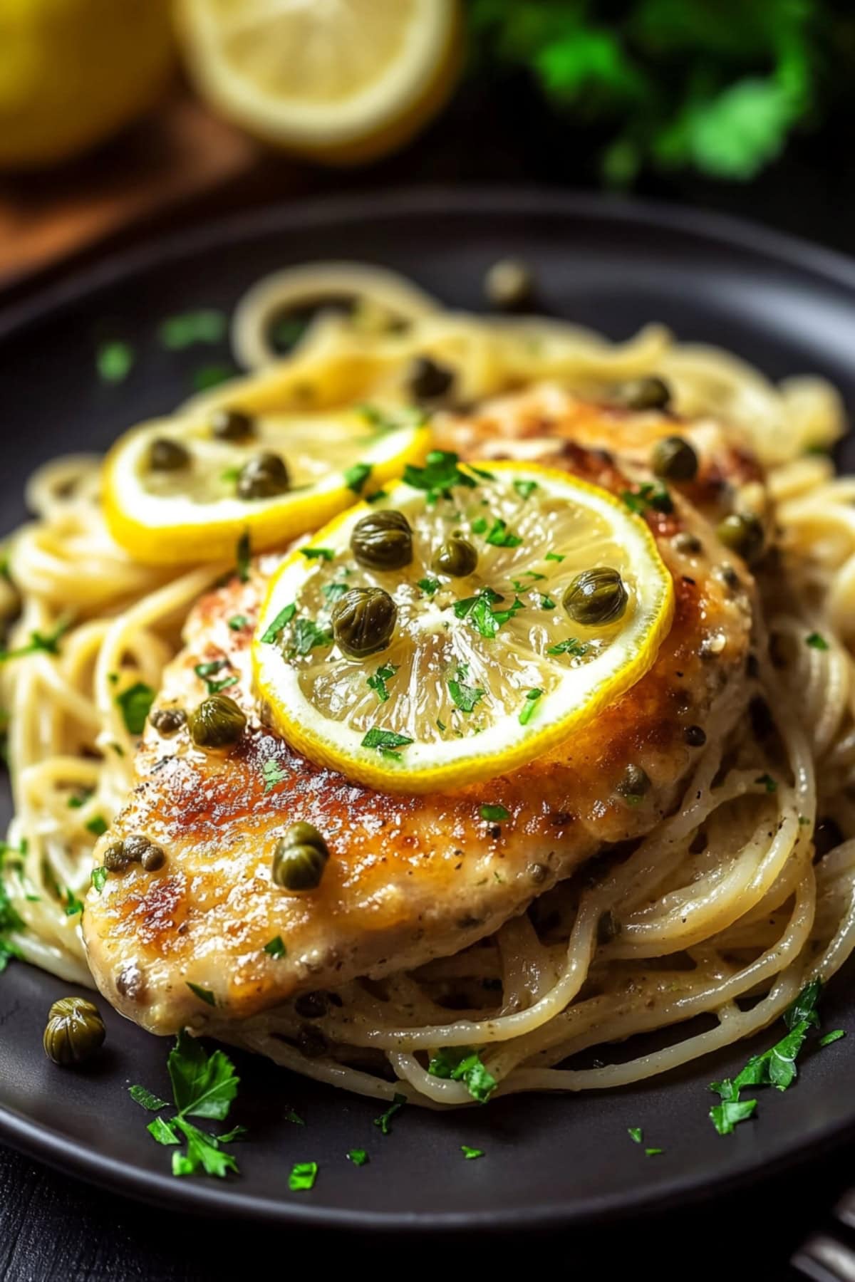 A serving of pasta topped with seared chicken garnished with lemon and capers.