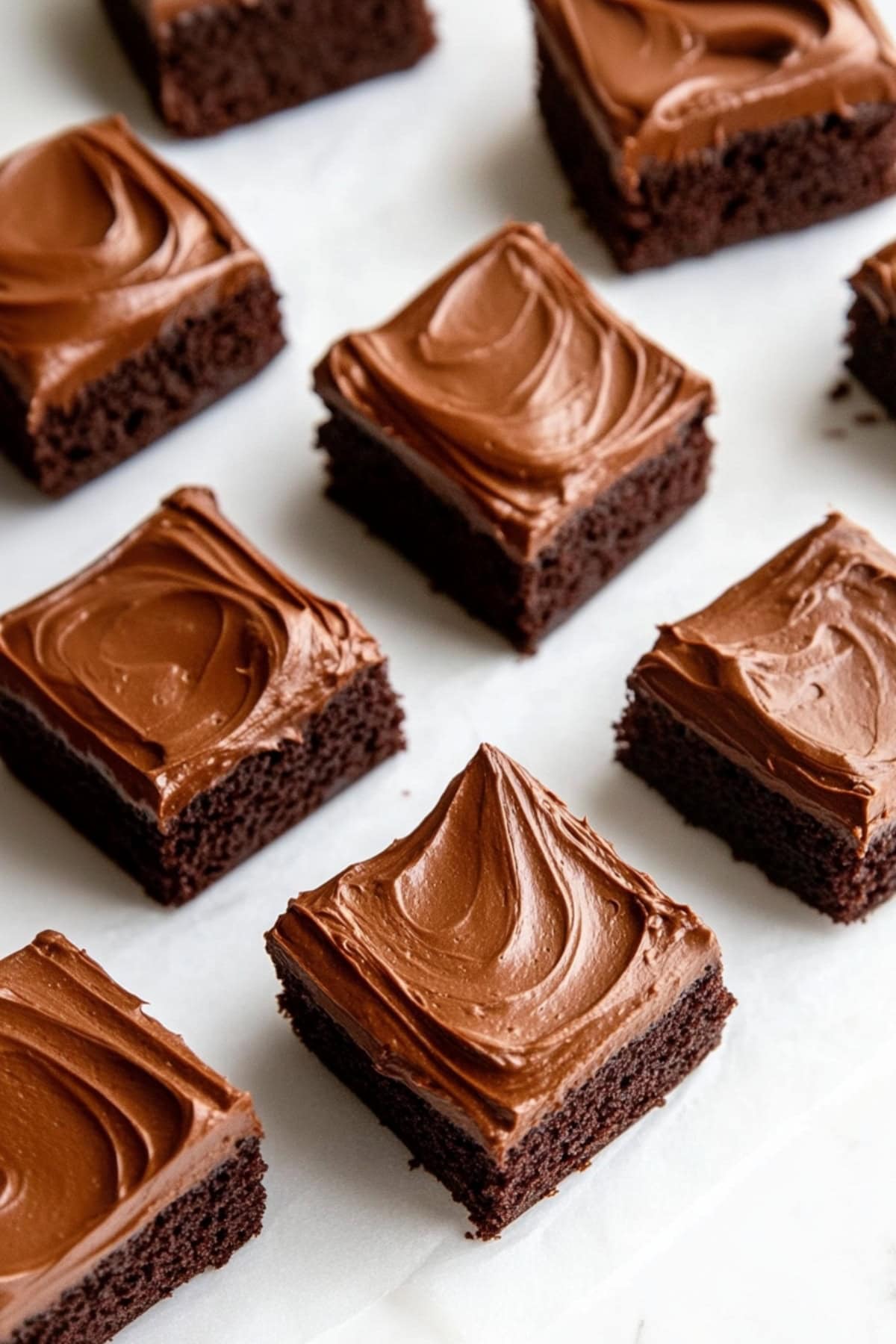 Chocolate cake squares topped with chocolate frosting on a light kitchen table