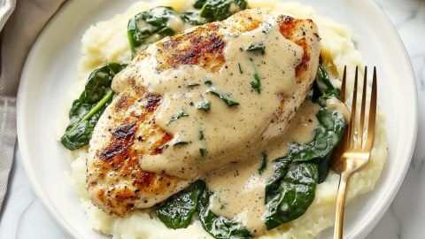 Creamy dijon sauce poured on top of seared chicken with spinach topped on a bed of mashed potato served in a white plate.