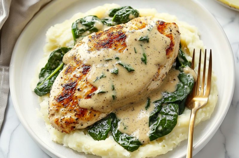 Creamy dijon sauce poured on top of seared chicken with spinach topped on a bed of mashed potato served in a white plate.