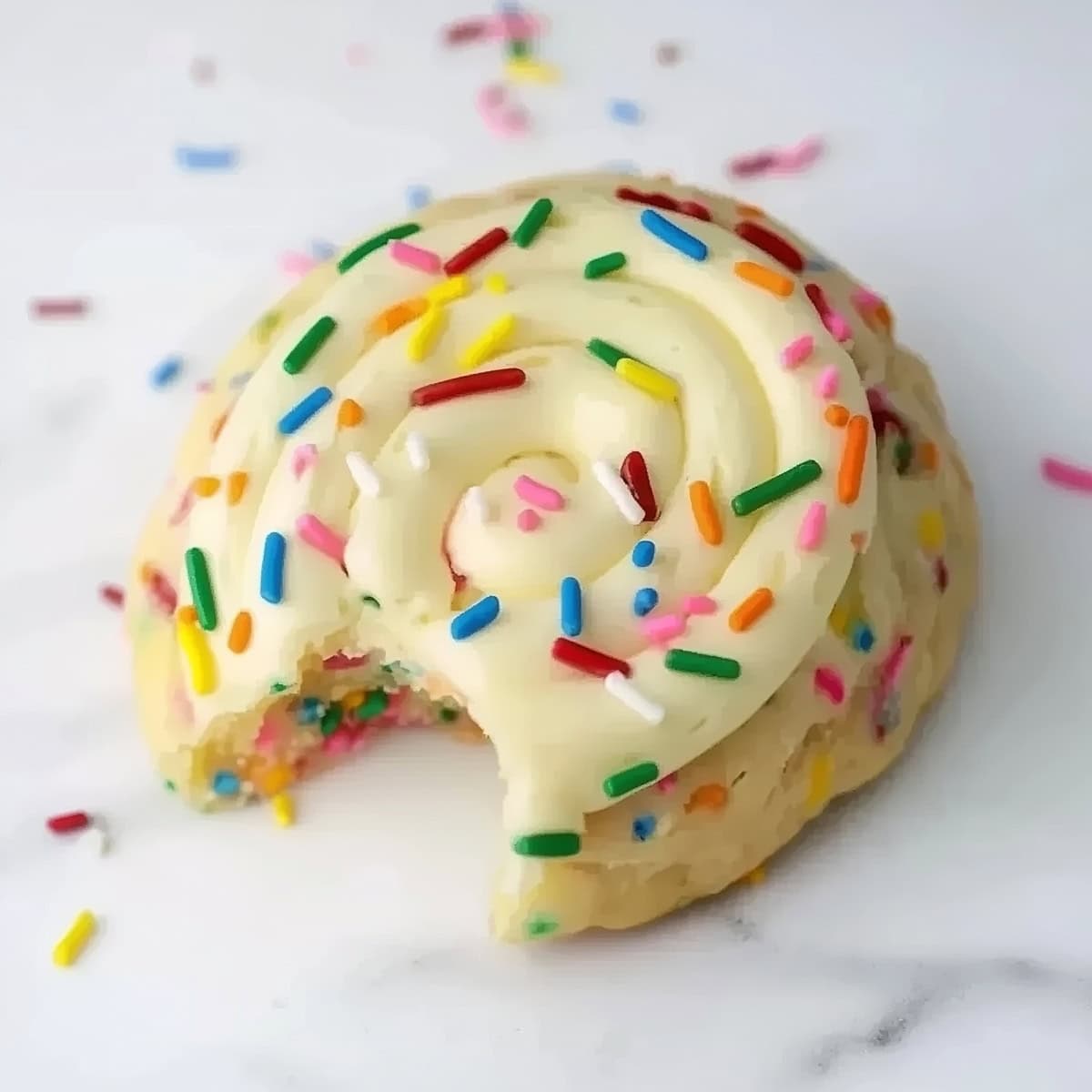 A Crumbl birthday cake cookie, with a bite taken out to show its texture, topped with sprinkles.