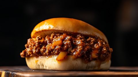 Close-up of a messy Dr. Pepper sloppy joe sandwich with a juicy beef filling in a wooden board.