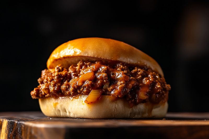 Close-up of a messy Dr. Pepper sloppy joe sandwich with a juicy beef filling in a wooden board.
