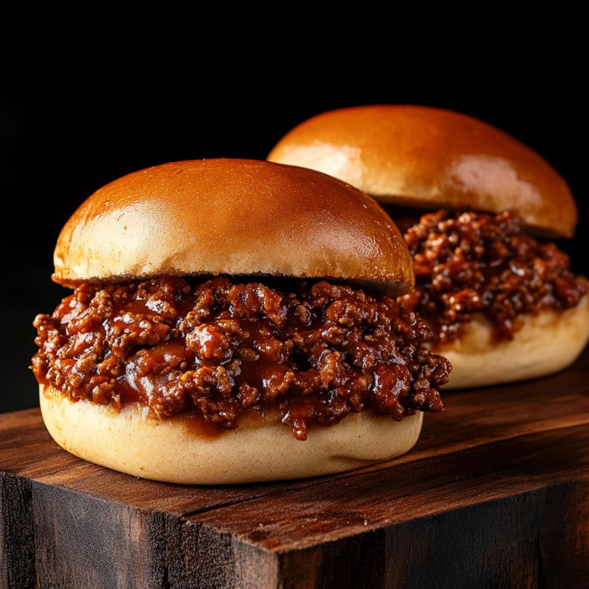 Two Dr. Pepper sloppy joes with ground beef and barbecue sauce in a wooden board.