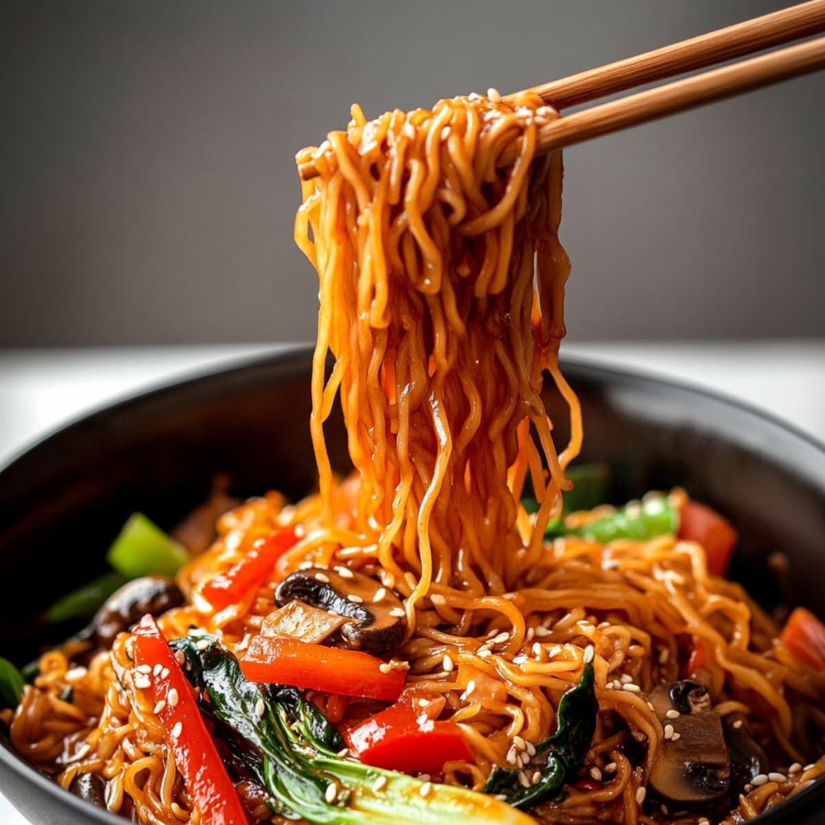 A pair of chopsticks picking up a portion of easy lo mein, with soft noodles and colorful vegetables in a savory sauce.