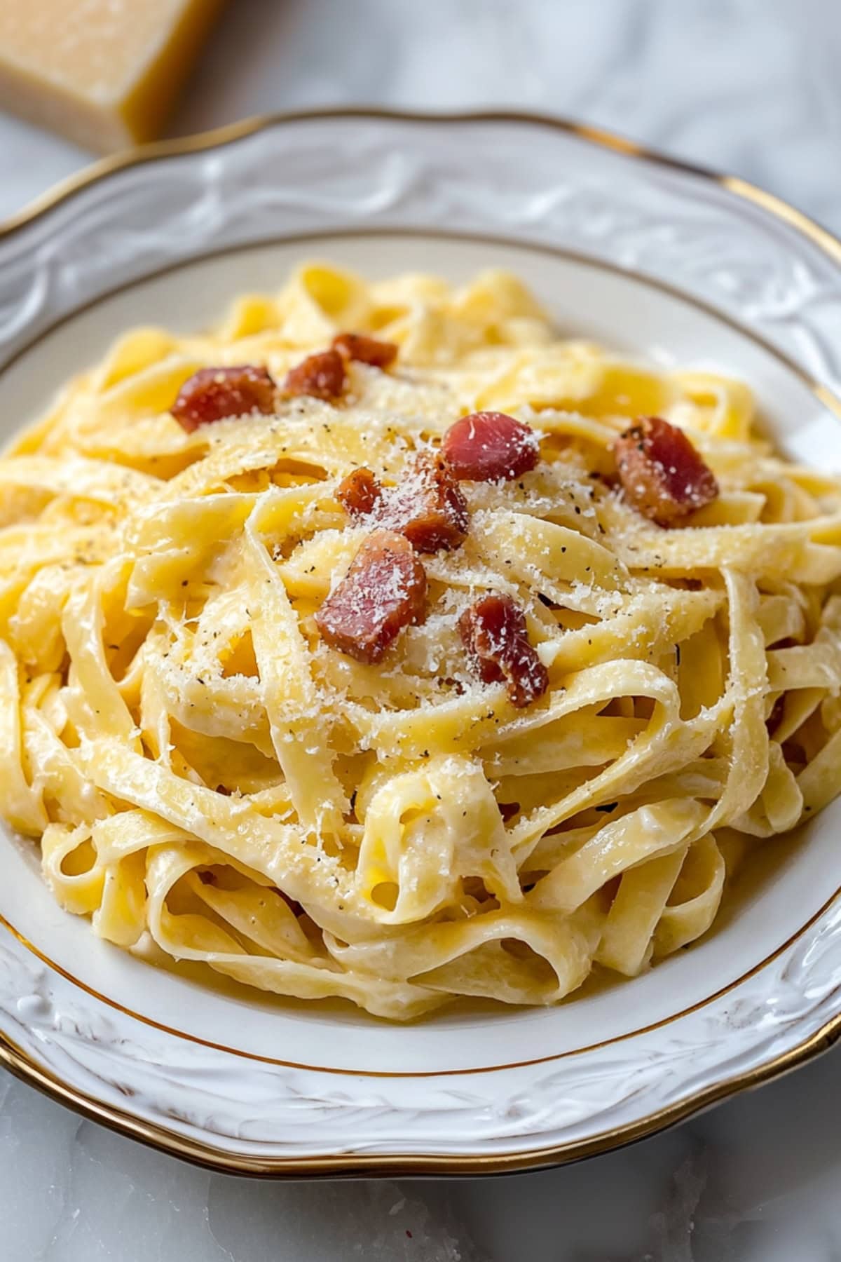 An elegant plate of fettucine carbonary with pancetta and shredded parmesan.