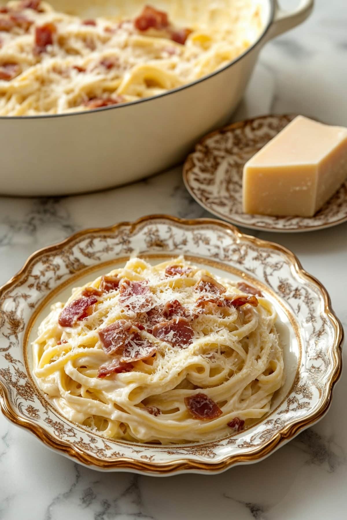 A plate of fettuccine carbonara featuring tender pasta and crispy pancetta.