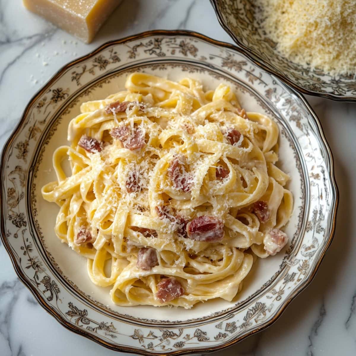 A generous serving of fettuccine carbonara with creamy sauce and small chunks of pancetta.