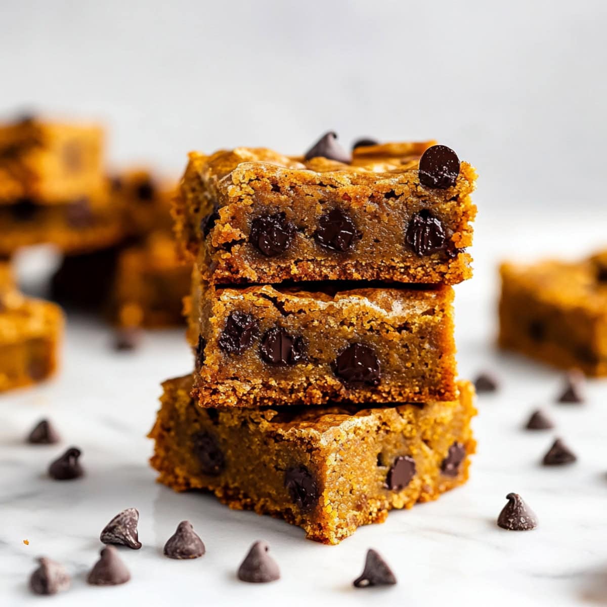 Soft and chewy pumpkin blondies stacked on a white marble table.