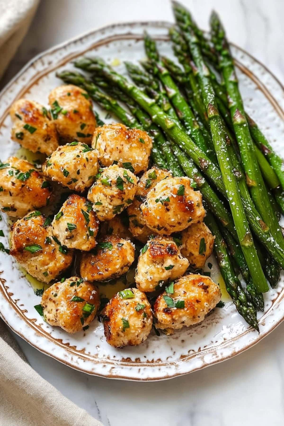 A plate of garlic parmesan chicken bites, served with asparagus.