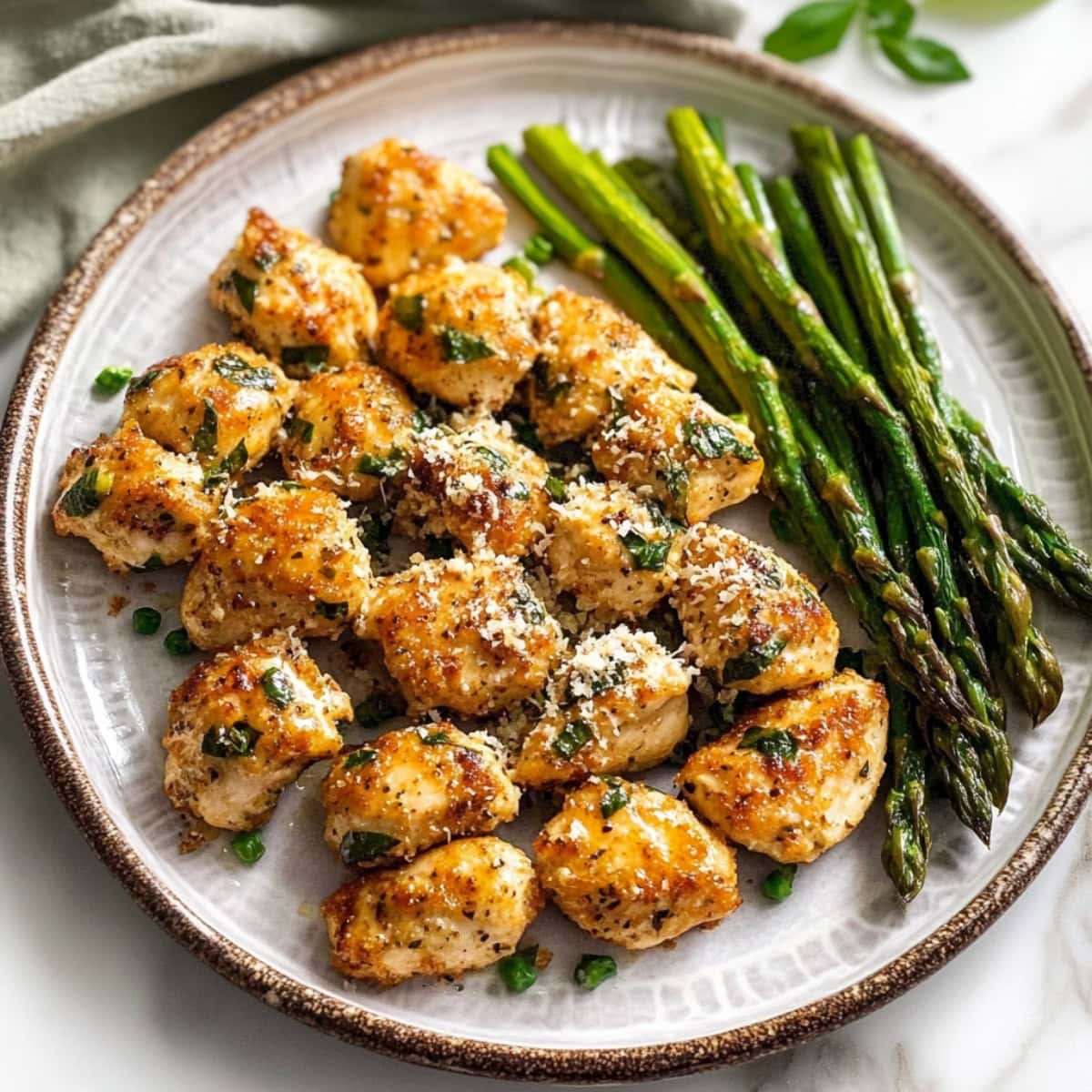 Homemade garlic parmesan chicken bites with aspragus in a plate.