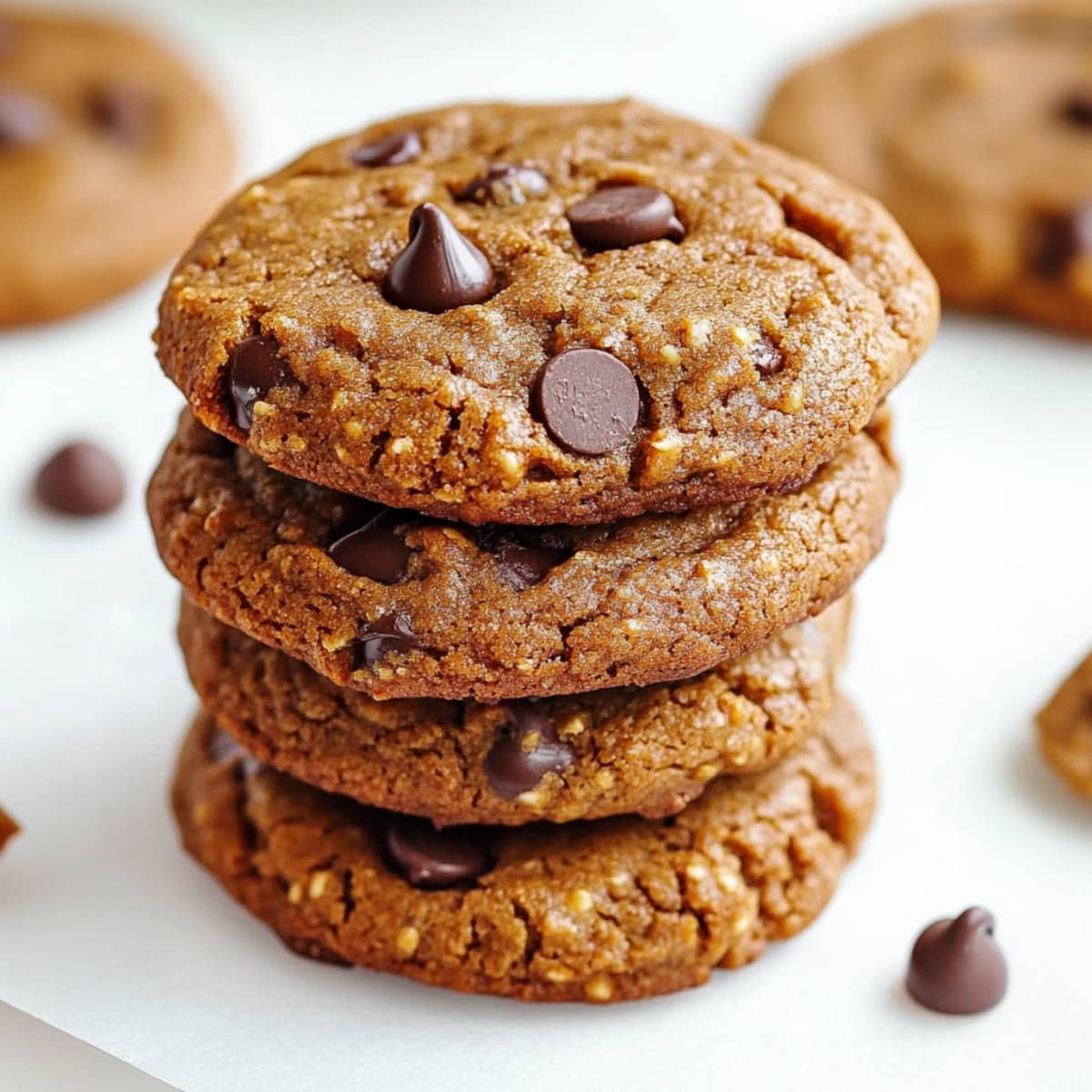 A stack of almond butter cookies with chocolate chips on a white marble table.