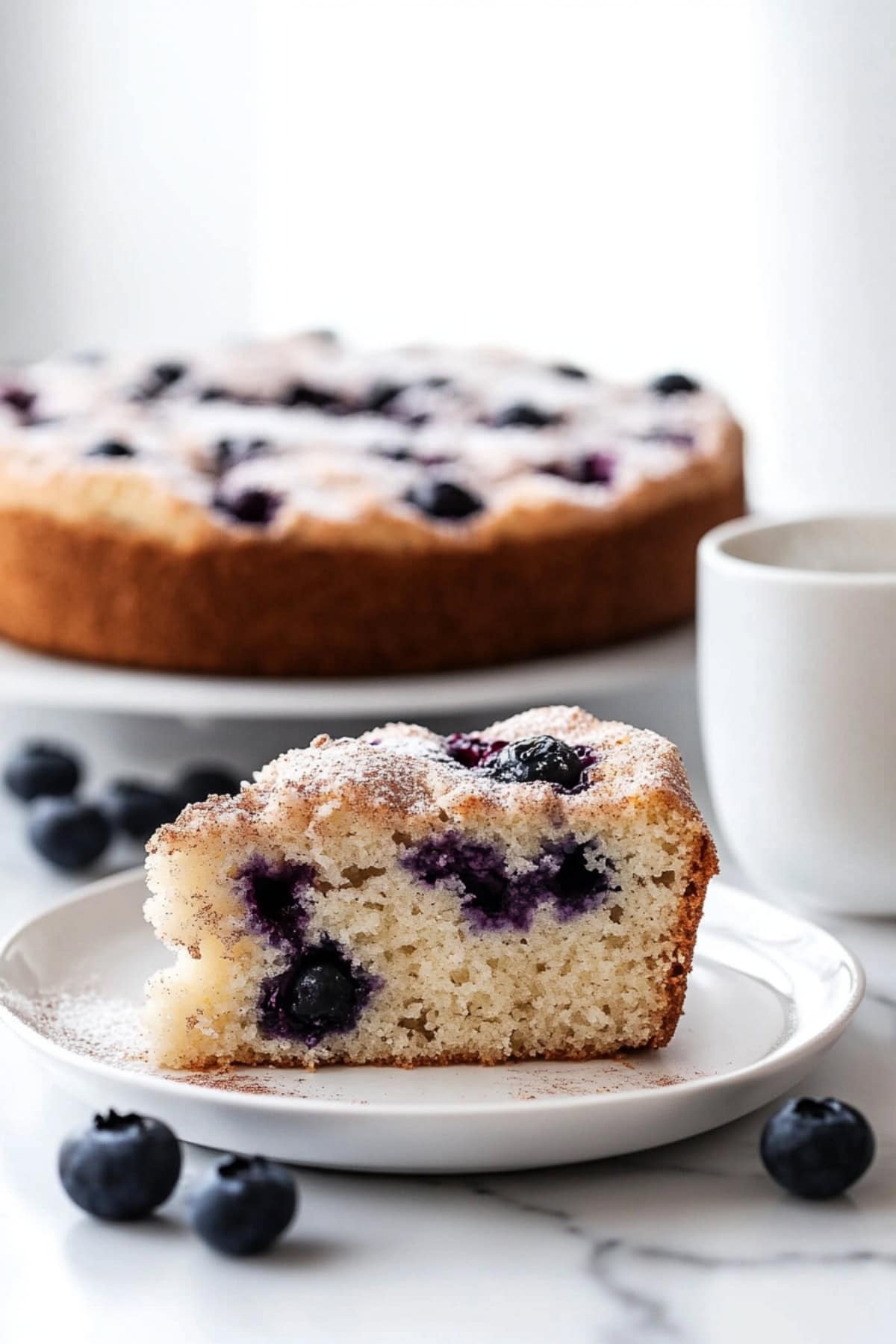 Slice of homemade blueberry buttermilk cake on a plate.