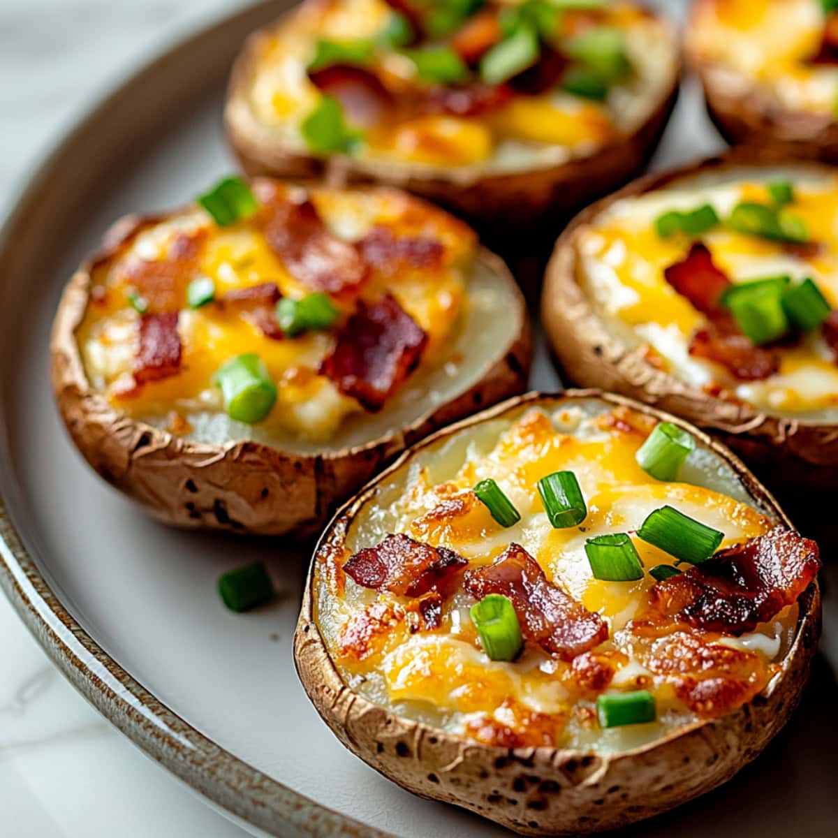 Cheesy bacon potato bites arranged on a plate.