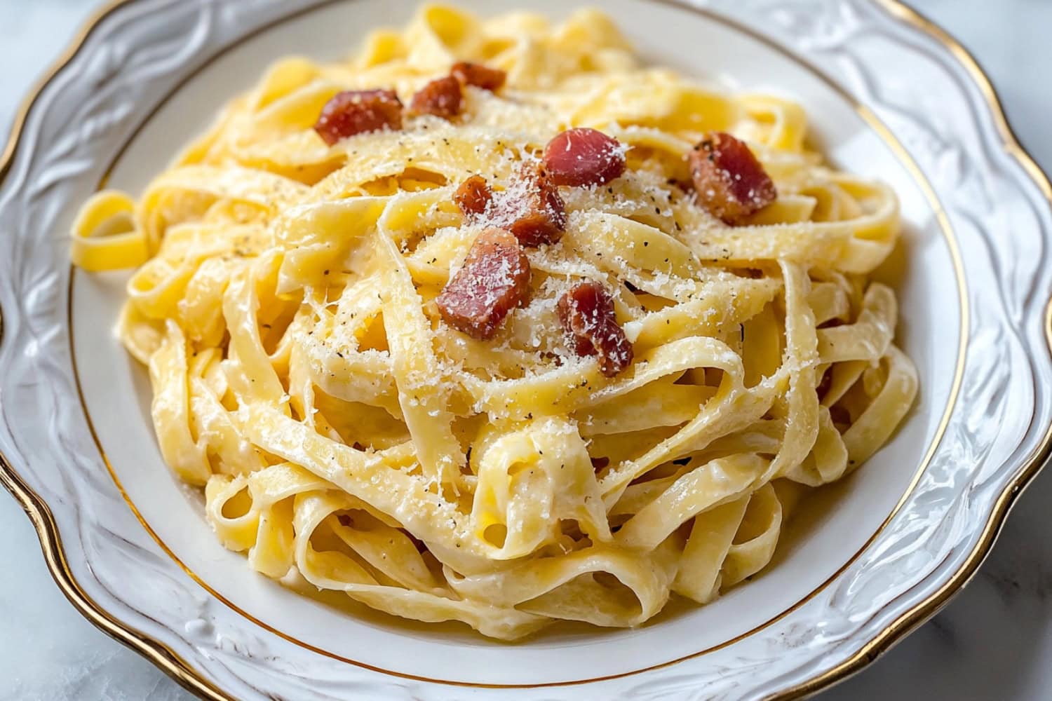 A close-up view of fettuccine carbonara with pancetta, and garnished with grated parmesan.