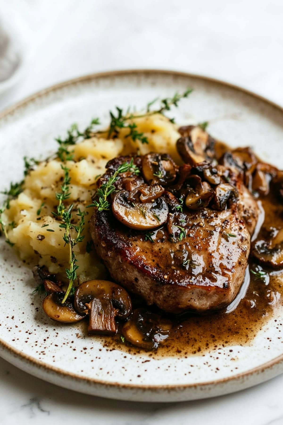 Tender pork marsala with a rich, flavorful mushroom sauce on a plate.