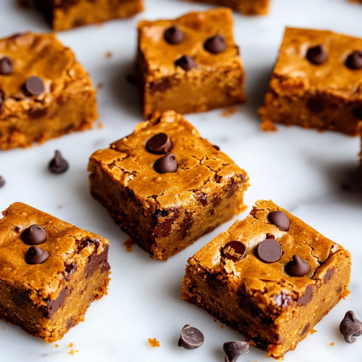 Freshly baked pumpkin blondies with chocolate chips on a table