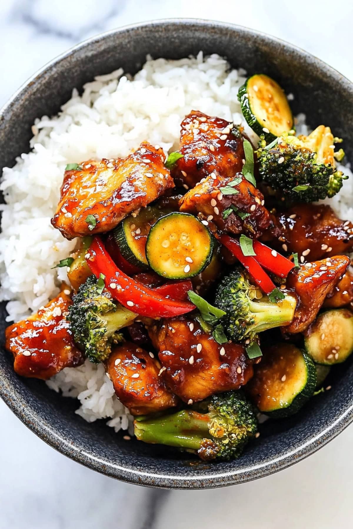 A bowl of white rice served with sauteed chicken, broccoli florets, chopped red bell pepper, and zucchini.