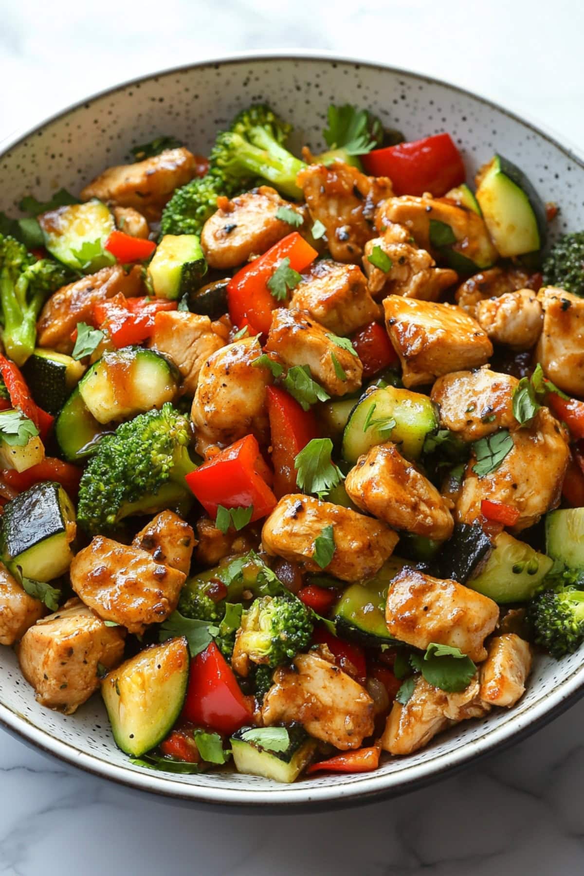 Hunan chicken and vegetables, top view