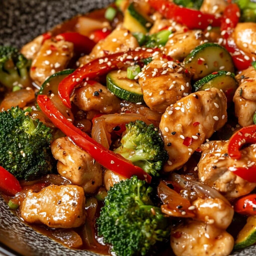 Chicken with broccoli florets, chopped red bell pepper, and zucchini tossed in umami sauce in pan sprinkled with sesame seeds.