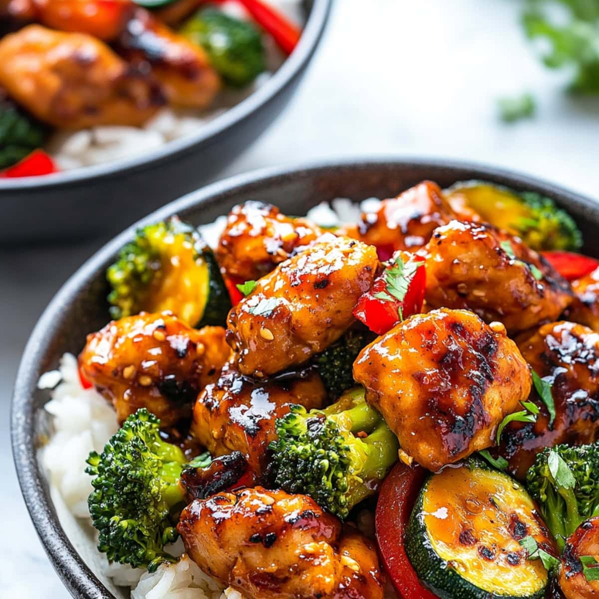 Two servings of Hunan chicken with broccoli, bell pepper, and zucchini served on top of white rice.