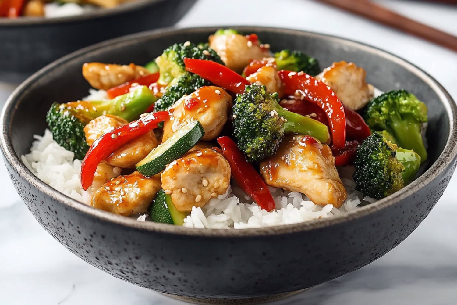 Black bowl with white rice topped with sauteed chicken with broccoli florets, chopped red bell pepper, and zucchini.