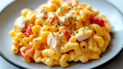 King ranch mac and cheese serving in a plate.