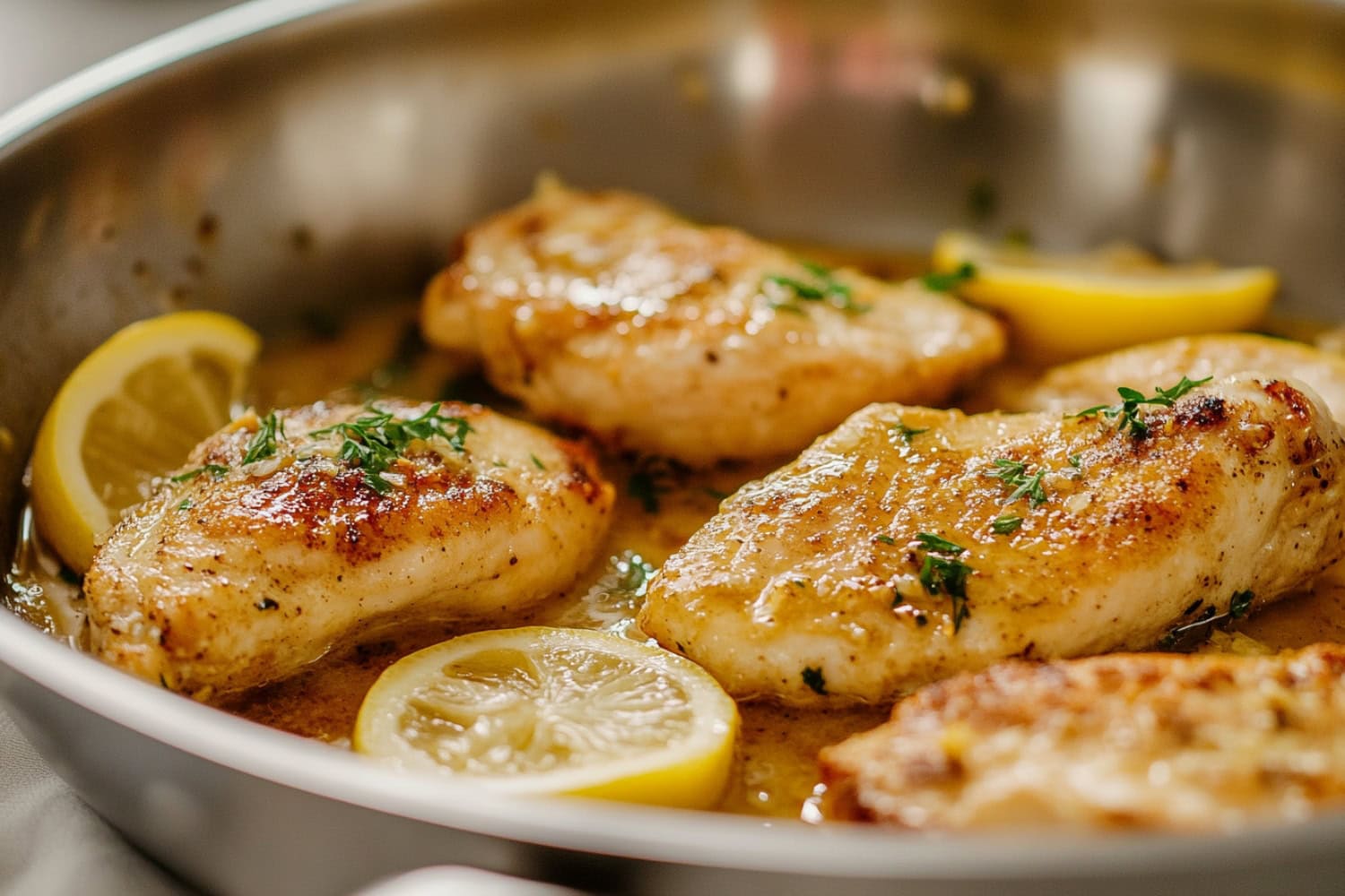 Seared lemon butter chicken in a stainless skillet pan.