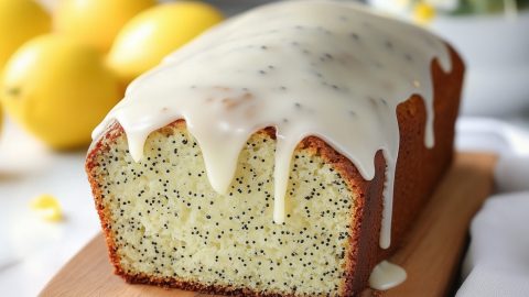 Lemon poppy seed loaf bread topped with sugar glaze sitting on a wooden board.