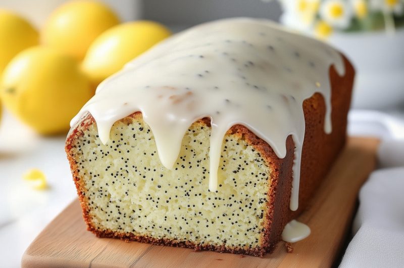 Lemon poppy seed loaf bread topped with sugar glaze sitting on a wooden board.