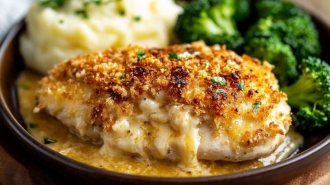 Close-up of longhorn parmesan crusted chicken with panko crumbs, and served with mashed potatoes and broccoli.