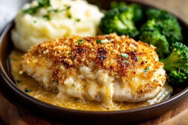 Close-up of longhorn parmesan crusted chicken with panko crumbs, and served with mashed potatoes and broccoli.