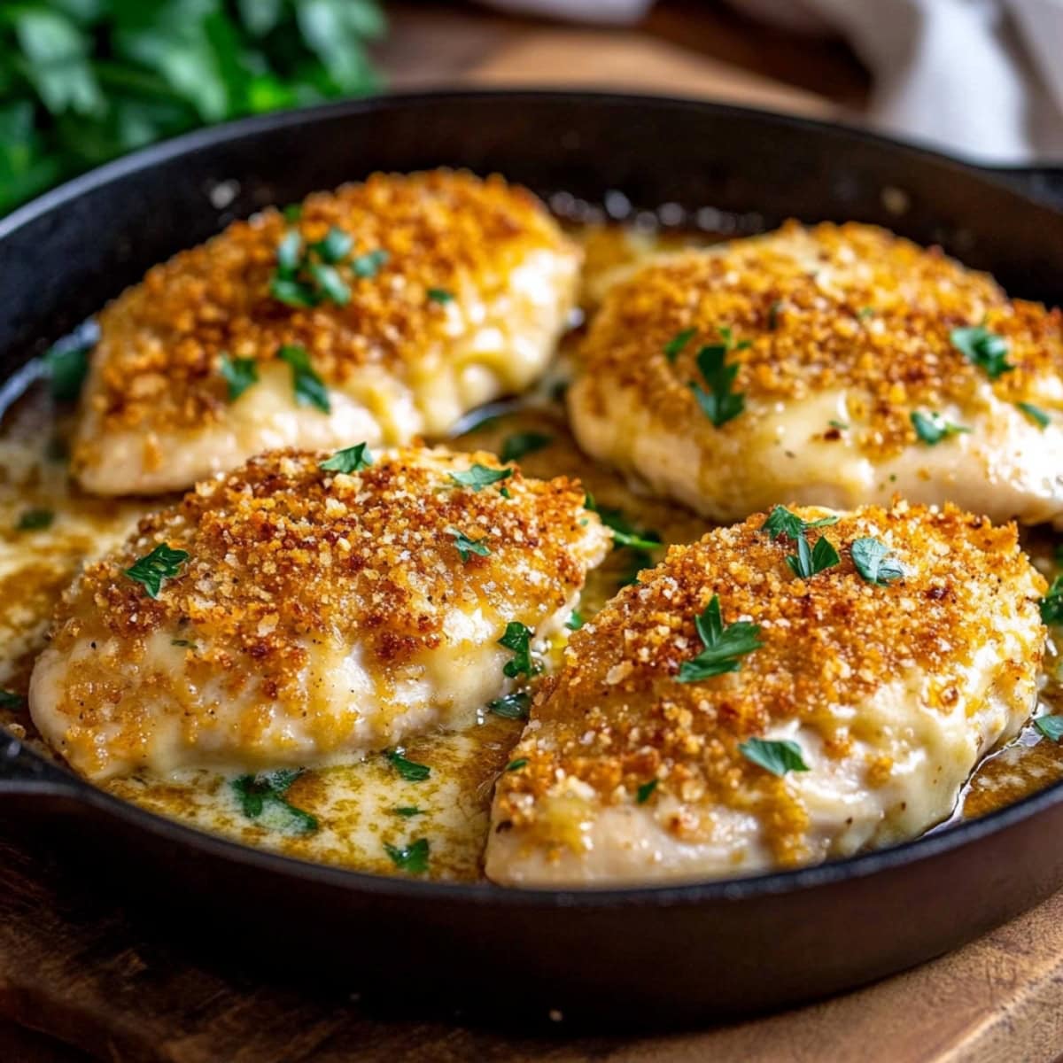 A skillet filled with parmesan crusted chicken, garnished with chopped parsley.