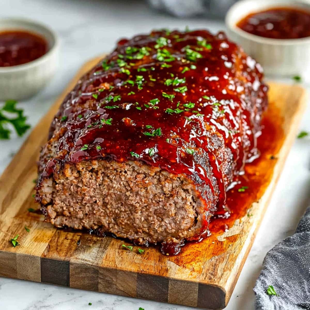 Glazed meatloaf sitting on top of a wooden board garnished with chopped parsley.