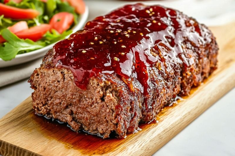 Million dollar meatloaf sitting on a wooden board with drizzle of glaze on top.