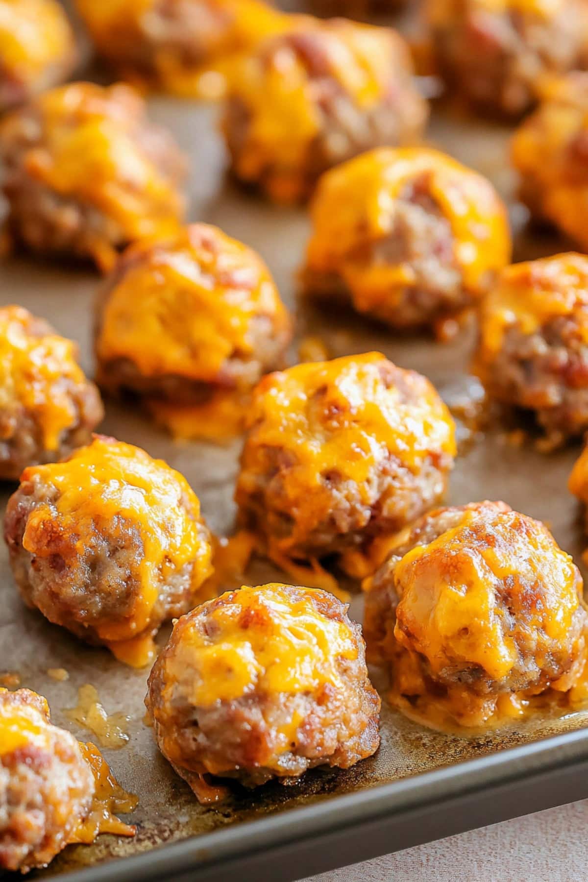 Cheesy pancake sausage balls arranged in rows on a baking pan.