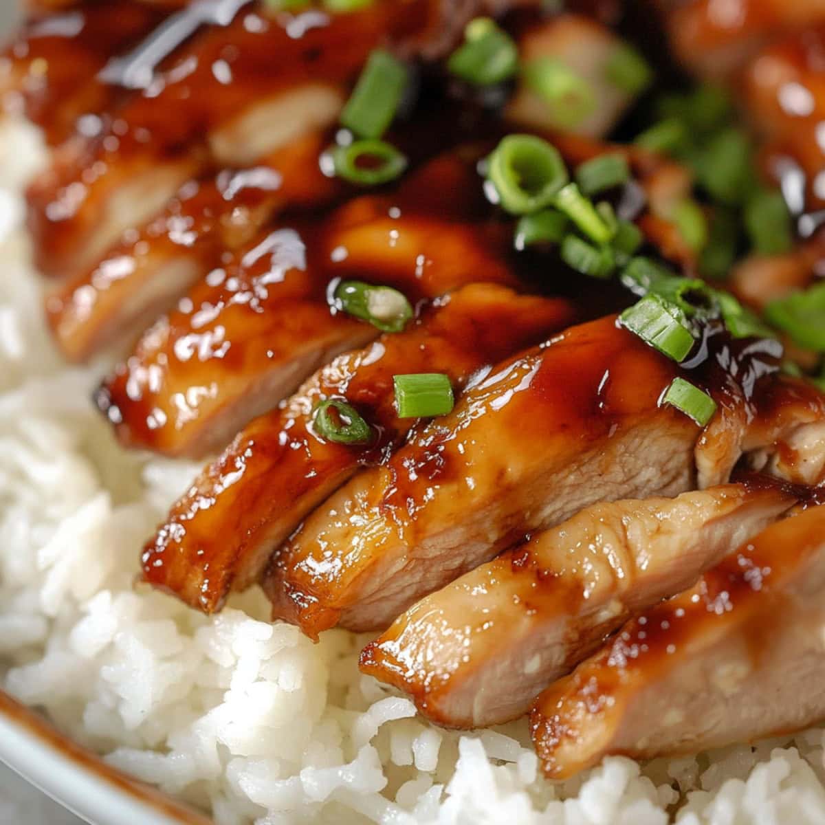 White rice served with sliced teriyaki chicken garnished with chopped onions.