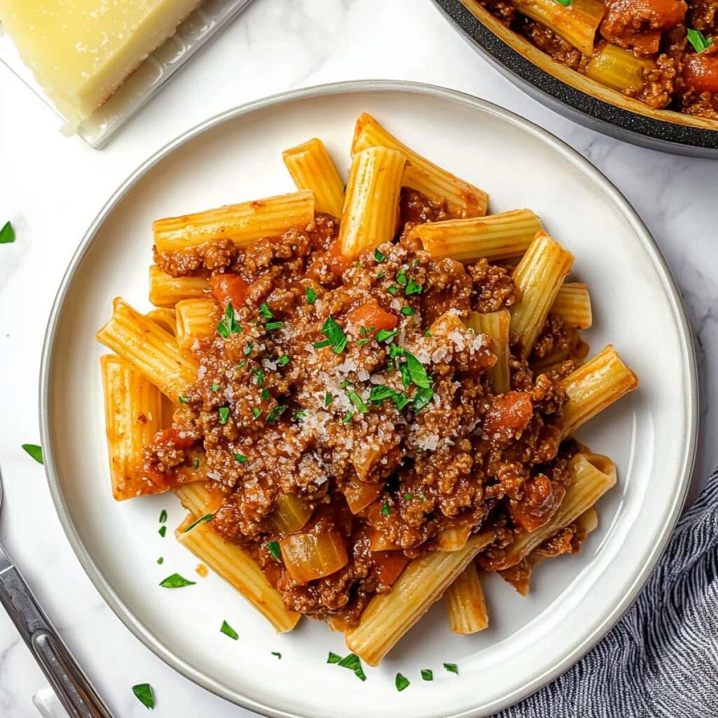 White plate with a serving of penne bolognese pasta garnished with chopped parsley.