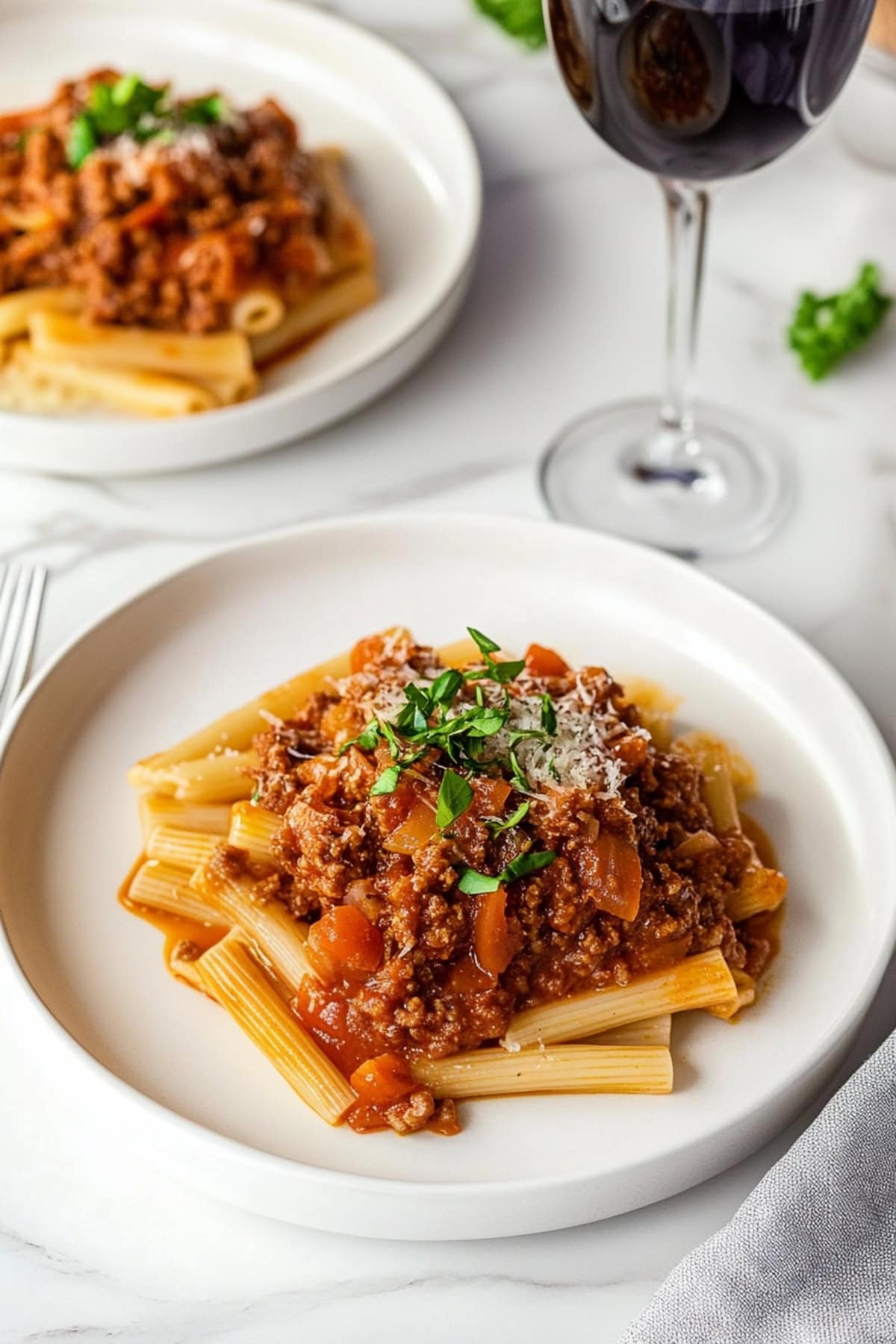 Two plates of penne Bolognese pasta garnished with parmesan cheese and chopped parsley served on a white plates with red wine on the side