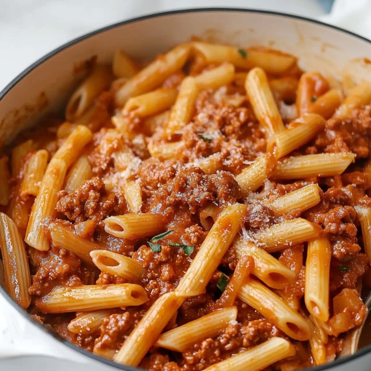 Penne pasta in Bolognese sauce in a Dutch oven, close up